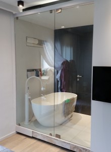 Salle de bain moderne avec cloison vitré.